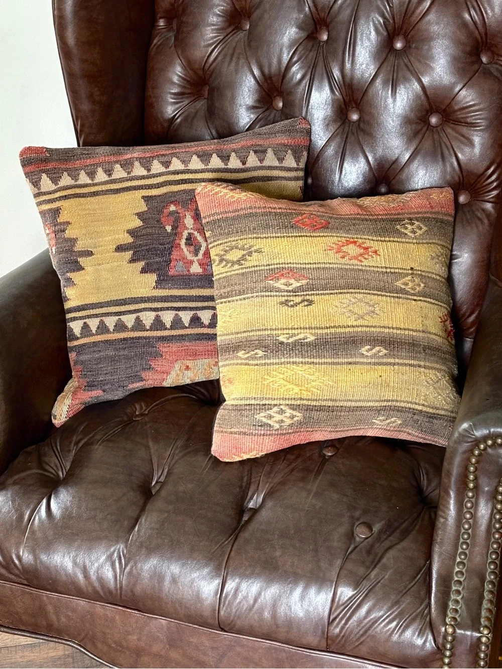 Pair Vintage Turkish Wool Kilim Pillow Covers Tribal Cushion 90s